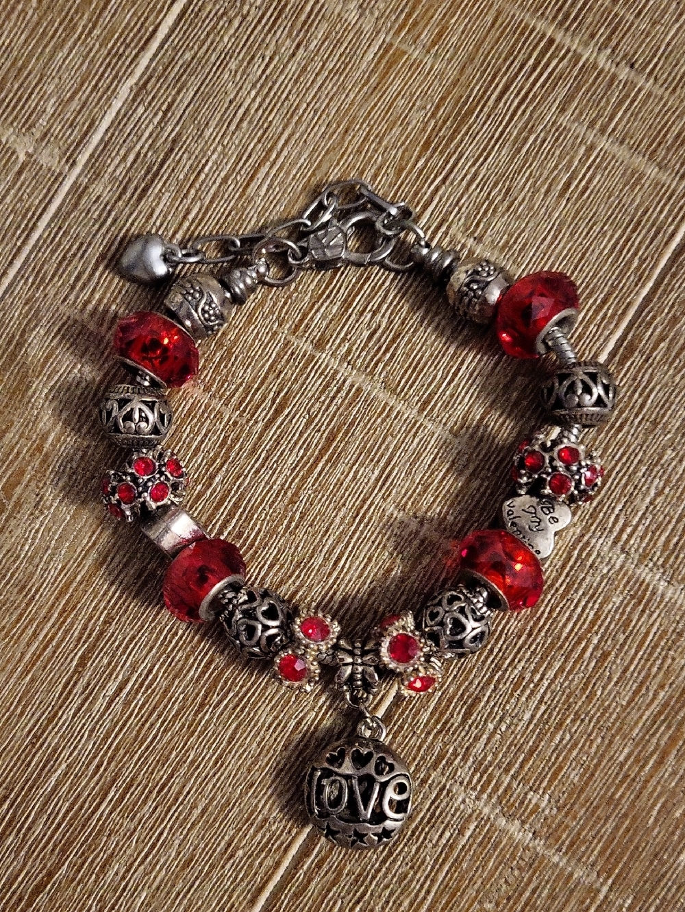 Red Crystal & Silver 'Love' "Valentine" Charm Bracelet